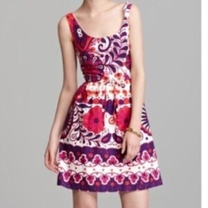 Trina Turk Sky Floral Scoop Neck Fit Flare Dress sz 0 00 Boho Cotton Jewel